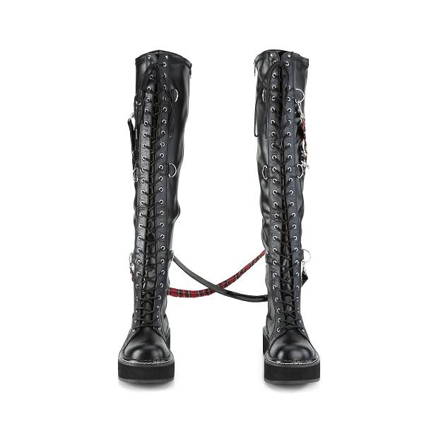 Demonia Emily-377 Black Str Vegan Leather Stiefel Herren D371-056 Gothic Overknee Stiefel Schwarz Deutschland SALE